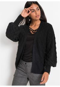 bonprix - Sweter ażurowy bez zapięcia. Kolor: czarny. Wzór: ażurowy #1