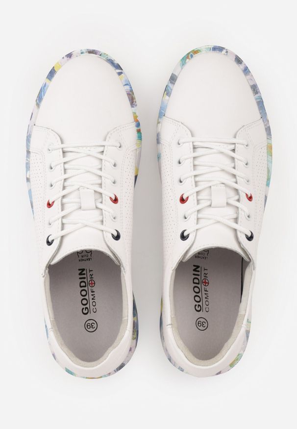 Born2be - Białe Sneakersy ze Skóry Naturalnej z Perforacją i Motywem Piór Riosinda. Okazja: na co dzień, do pracy. Kolor: biały. Materiał: skóra