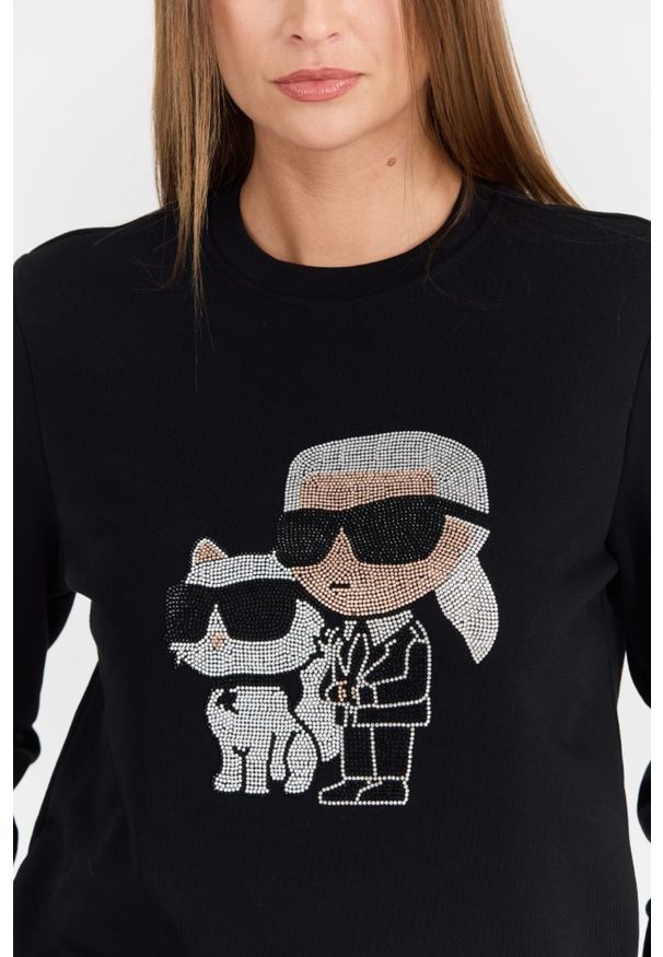 Karl Lagerfeld - KARL LAGERFELD Czarna damska bluza z cyrkoniami Ikonik 2.0, Rozmiar XS. Kolor: czarny. Materiał: materiał. Wzór: aplikacja. Styl: elegancki
