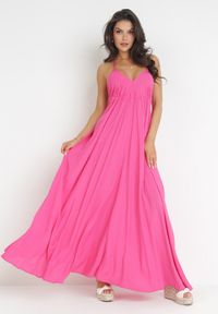 Born2be - Fuksjowa Rozkloszowana Sukienka Maxi z Wiązaniem na Szyi Cathenia. Kolor: różowy. Długość: maxi #1