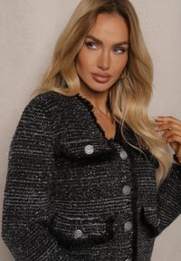 Renee - Czarny Wiskozowy Kardigan z Metaliczną Nicią z Frędzlami i Ozdobnymi Guzikami Alamir. Kolor: czarny. Materiał: wiskoza #3