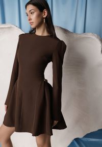 Renee - Brązowa Sukienka o Rozkloszowanym Kroju z Ozdobą z Boku Eleslia. Kolor: brązowy. Wzór: aplikacja. Styl: street #7