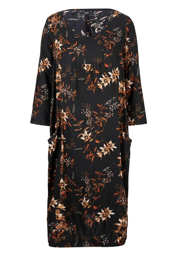 Sukienka z tkaniny bonprix czarno-brązowy mokka - biel wełny w roślinny deseń. Kolor: czarny. Materiał: wełna, tkanina