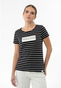 Volcano - T-shirt w paski T-VIV. Kolor: czarny. Materiał: bawełna, skóra, materiał. Długość rękawa: krótki rękaw. Długość: krótkie. Wzór: paski. Styl: klasyczny #1