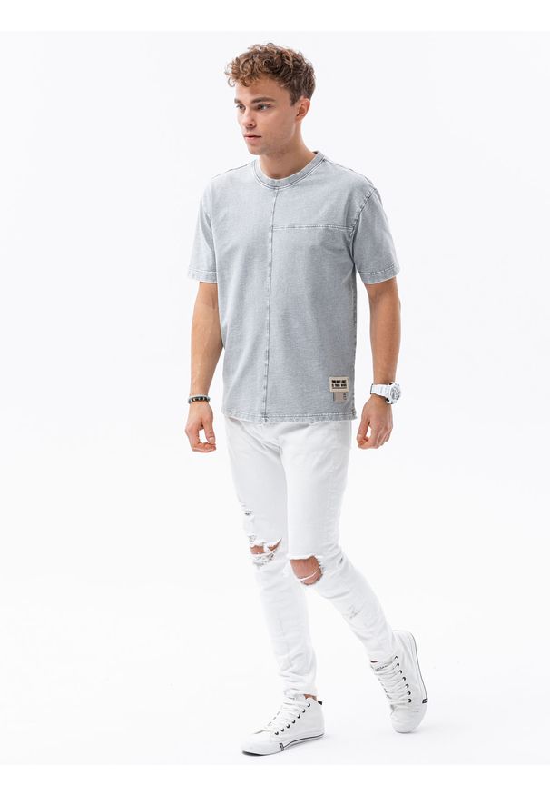 Ombre Clothing - T-shirt męski bawełniany S1379 - szary - XXL. Kolor: szary. Materiał: bawełna. Długość: krótkie. Wzór: geometria