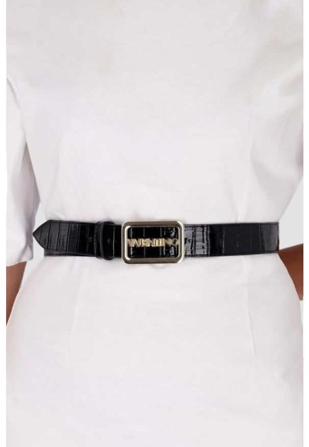 Valentino by Mario Valentino - VALENTINO Czarny pasek damski lakierowany Around Plaque Buckle Belt, Rozmiar S. Kolor: czarny. Materiał: lakier