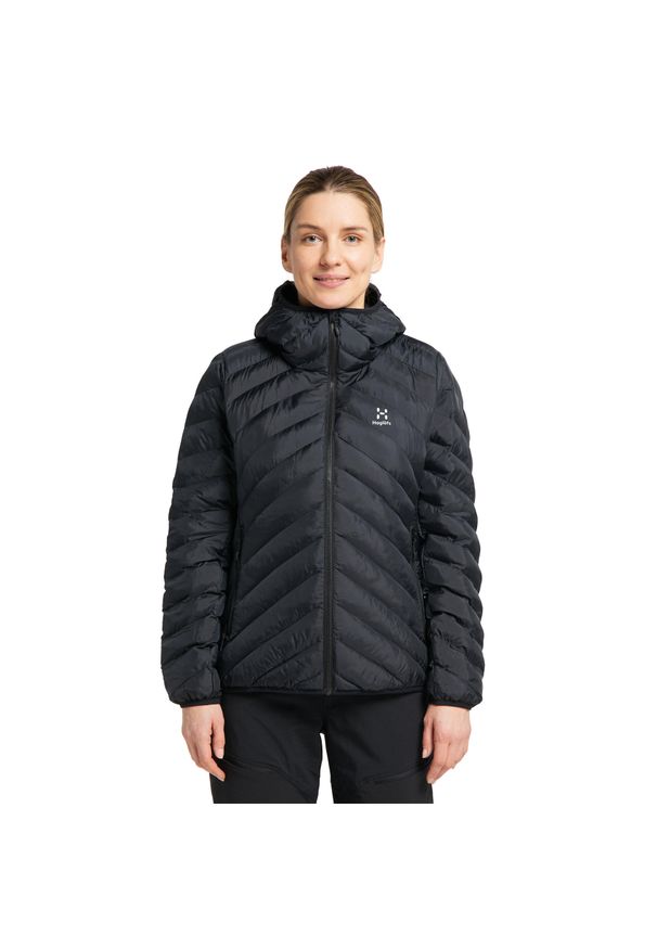 Damska kurtka z kapturem Haglöfs Särna Mimic. Typ kołnierza: kaptur. Kolor: czarny. Materiał: puch. Sport: turystyka piesza