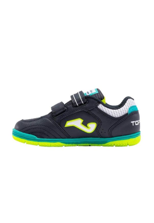 Buty piłkarskie dla dzieci Joma Top Flex Jr 2303 Indoor. Zapięcie: rzepy. Kolor: wielokolorowy, żółty, niebieski, czarny. Materiał: guma, skóra, tkanina, materiał, syntetyk. Szerokość cholewki: normalna. Sport: piłka nożna