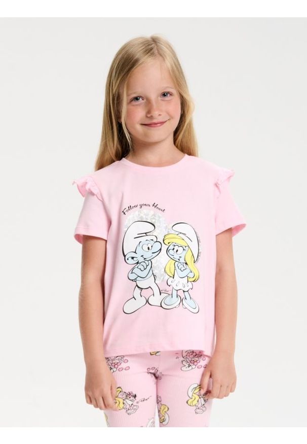 Sinsay - Koszulka z nadrukiem The Smurfs - różowy. Kolor: różowy. Wzór: nadruk