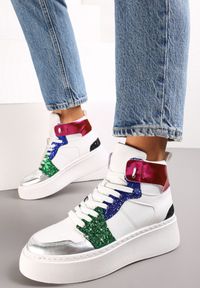 Renee - Biało-Niebieskie Sznurowane Sneakersy za Kostkę z Brokatem i Metalicznymi Wstawkami Sareena. Wysokość cholewki: za kostkę. Kolor: biały #2