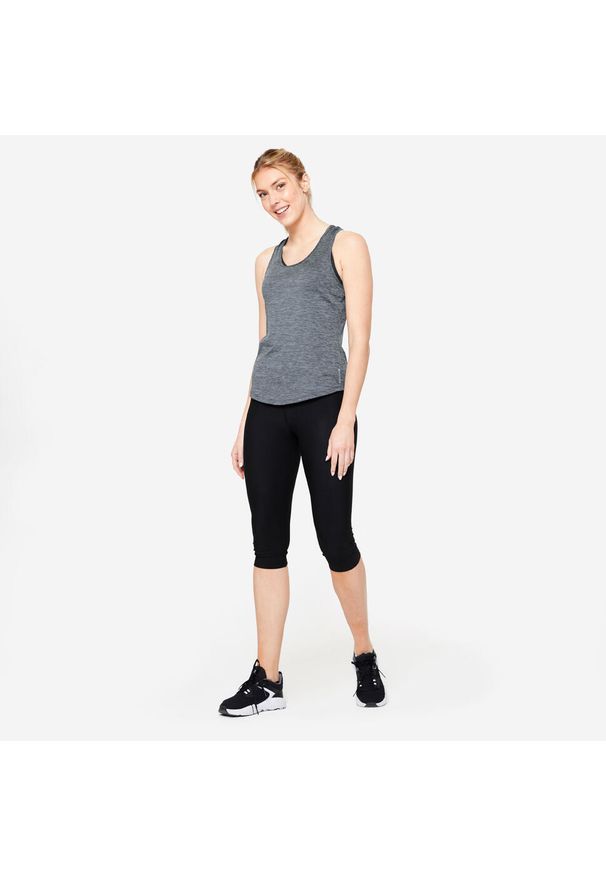 DOMYOS - Legginsy fitness damskie Domyos krótkie. Stan: podwyższony. Kolor: czarny. Materiał: materiał, elastan, poliester. Długość: krótkie. Sport: fitness