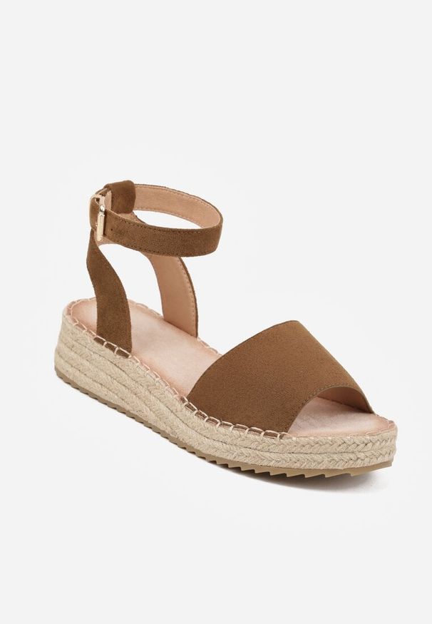 Renee - Ciemnozielone Sandały VICES z Imitacji Zamszu na Niskim Plecionym Koturnie Anameda. Okazja: na co dzień. Zapięcie: pasek. Kolor: zielony. Materiał: zamsz. Wzór: haft. Obcas: na koturnie. Styl: casual