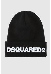 DSQUARED2 Czarna wełniana czapka z haftowanym białym logo. Kolor: czarny. Materiał: wełna. Wzór: haft
