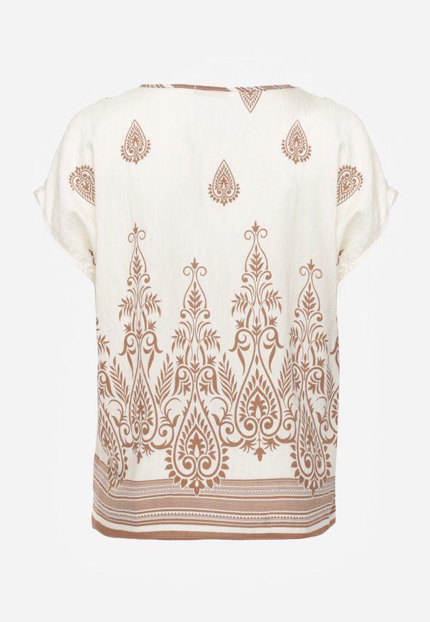 Born2be - Beżowa Wiskozowa Bluzka z Etnicznym Wzorem Melloshell. Okazja: na co dzień. Kolor: beżowy. Materiał: wiskoza. Styl: casual, elegancki