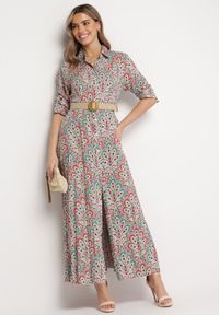 Born2be - Czerwono-Niebieska Sukienka z Guzikami i Plecionym Paskiem z Klamrą Aralty. Kolor: zielony. Długość rękawa: długi rękaw. Sezon: wiosna, lato. Typ sukienki: koszulowe #5