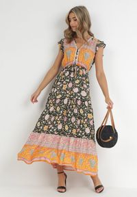 Born2be - Czarno-Pomarańczowa Sukienka Maxi z Wiskozy w Stylu Boho Larres. Typ kołnierza: kołnierz z falbankami. Kolor: pomarańczowy. Materiał: wiskoza. Wzór: aplikacja. Styl: boho. Długość: maxi #5