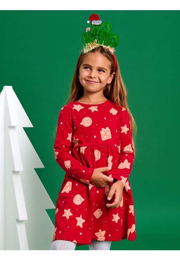 Sinsay - Sukienka świąteczna - czerwony. Kolor: czerwony. Materiał: bawełna. Długość rękawa: długi rękaw. Typ sukienki: rozkloszowane. Styl: wizytowy