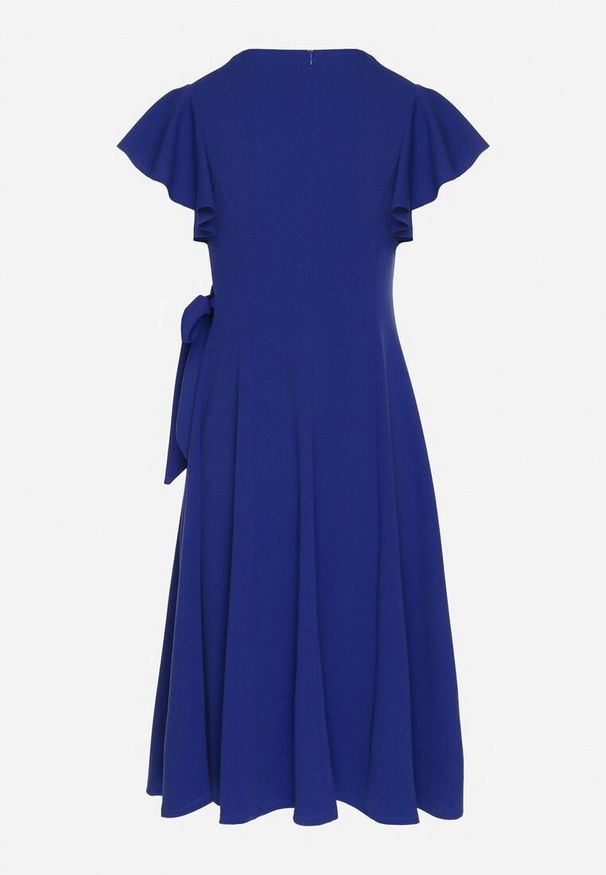 Born2be - Niebieska Rozkloszowana Sukienka Kopertowa z Wiązaniem w Talii Dannila. Kolor: niebieski. Wzór: aplikacja. Typ sukienki: kopertowe