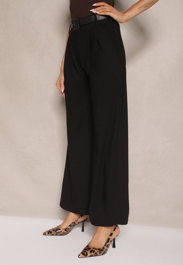 Renee - Czarne Garniturowe Spodnie High Waist z Gumką i Dodatkowym Paskiem w Talii Mattine. Stan: podwyższony. Kolor: czarny. Materiał: dzianina