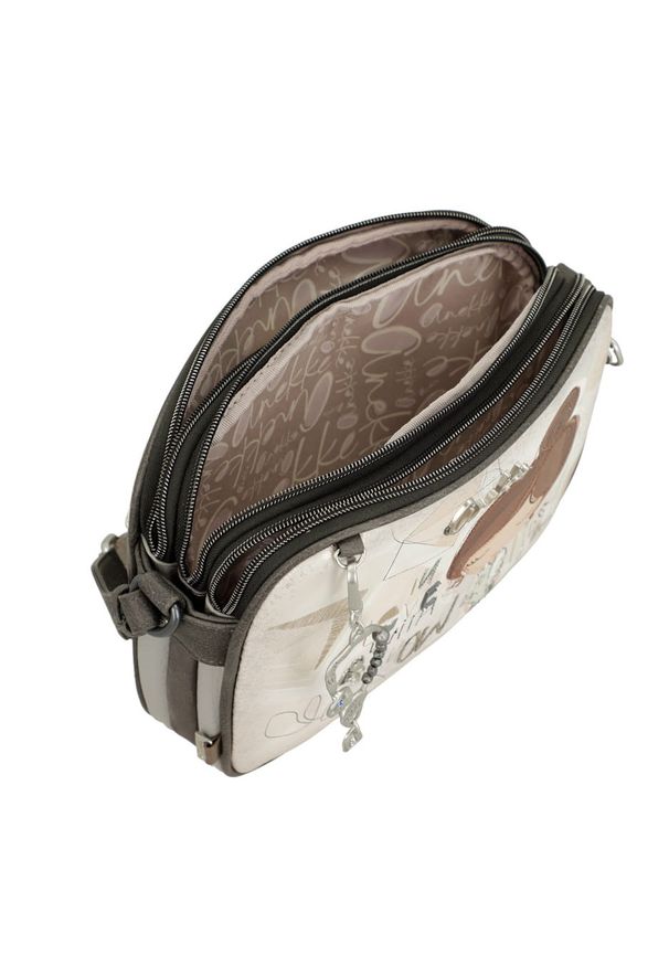 Torebka damska Anekke, z efektownym nadrukiem i metalowym logo zapinana na suwak z regulowanym paskiem oraz ozdobnym brelokiem kompaktowa a zarazem f. Kolor: szary. Wzór: nadruk. Dodatki: z breloczkiem. Styl: casual, klasyczny, elegancki. Rodzaj torebki: na ramię