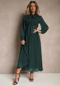 Renee - Ciemnozielona Plisowana Sukienka Maxi z Koronką i Paskiem Venila. Kolor: zielony. Materiał: koronka. Wzór: koronka. Długość: maxi