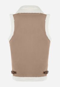 Born2be - Beżowa Kamizelka Bezrękawnik w Stylu Biker z Ekozamszu z Futerkiem Terone. Kolor: beżowy. Materiał: futro. Długość rękawa: bez rękawów. Wzór: aplikacja #2