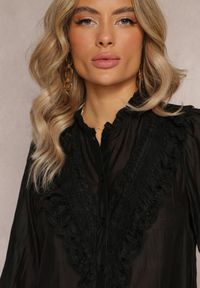 Renee - Czarna Koszula na Guziki z Ozdobną Koronką Raneem. Kolor: czarny. Materiał: koronka. Długość: długie. Wzór: koronka