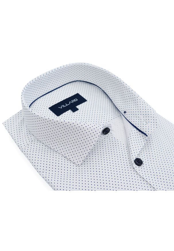 Mmer / Villaro - Koszule męskie - Biała koszula w ciemnogranatowe kropki C104V. Kolor: niebieski, wielokolorowy, biały. Materiał: tkanina, bawełna, elastan. Długość: długie. Wzór: kropki. Styl: elegancki