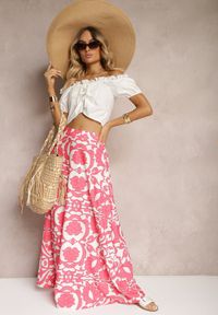 Renee - Różowe Szerokie Spodnie z Wiskozy High Waist z Gumką w Talii o Kwiatowym Wzorze Weranea. Stan: podwyższony. Kolor: różowy. Materiał: wiskoza. Wzór: kwiaty. Sezon: wiosna #4