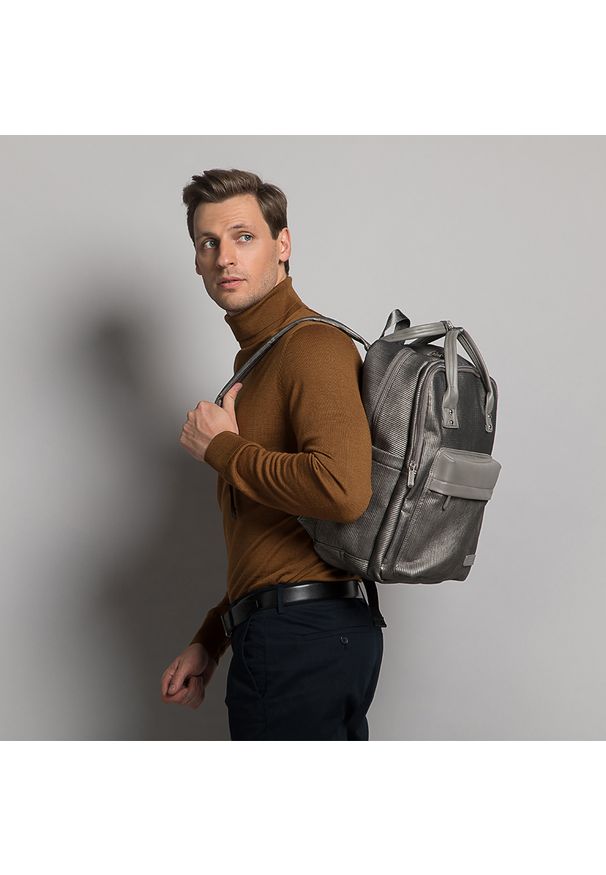 Wittchen - Męski plecak z kieszenią na laptopa 15,6" metaliczny. Kolor: szary. Materiał: nylon. Wzór: paski