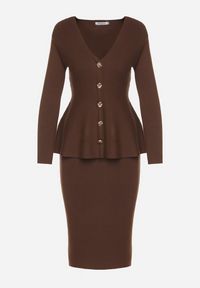 Born2be - Brązowy Elegancki Komplet z Dzianiny z Wiskozą Kardigan i Spódnica Uneva. Kolor: brązowy. Materiał: wiskoza, dzianina #7
