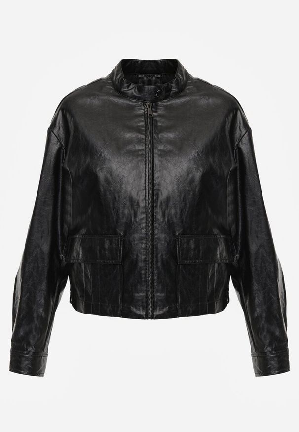 Renee - Czarna Kurtka Ramoneska Bomber z Kieszeniami z Klapami Nealira. Okazja: na co dzień. Kolor: czarny. Materiał: poliester, skóra. Styl: rockowy, casual