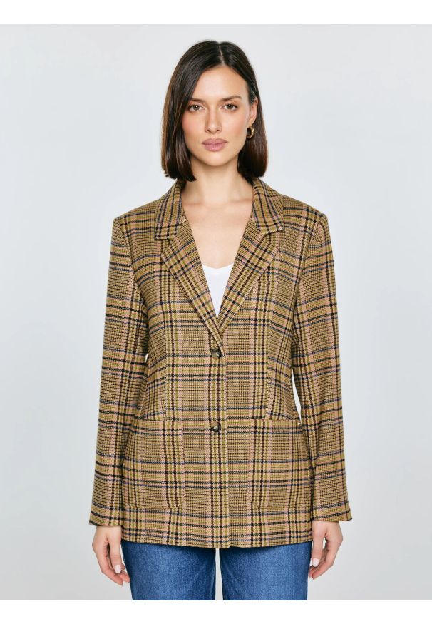 Big-Star - Marynarka damska w kratę Galani 601. Okazja: na co dzień. Kolor: różowy. Materiał: tkanina, jeans, materiał. Styl: casual, klasyczny, retro