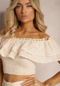 Renee - Beżowy 2-częściowy Komplet Top Hiszpanka i Spódnica z Haftowanej Tkaniny Tamimas. Kolor: beżowy. Materiał: tkanina. Wzór: haft #5