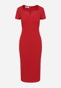 Born2be - Czerwona Taliowana Koktajlowa Sukienka z Wiskozą i Rozcięciem z Tyłu Castorea. Okazja: na co dzień. Kolor: czerwony. Materiał: wiskoza. Długość rękawa: krótki rękaw. Styl: wizytowy #3