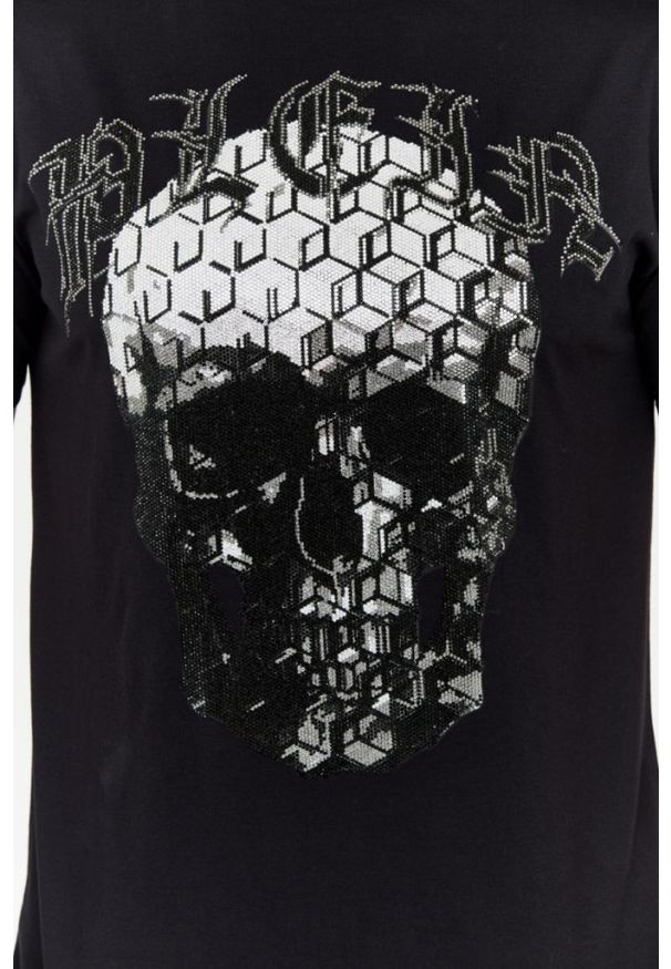 Philipp Plein - PHILIPP PLEIN Czarny t-shirt zdobiony dżetami z czaszką i logo. Kolor: czarny. Wzór: aplikacja