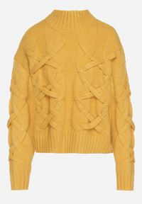 Born2be - Żółty Golf z Domieszką Wełny Zdobiony Oryginalnym Splotem Fedwira. Okazja: na co dzień, do pracy, na spotkanie biznesowe. Typ kołnierza: golf. Kolor: żółty. Materiał: wełna. Wzór: aplikacja, ze splotem. Sezon: zima, jesień. Styl: biznesowy, klasyczny, casual #4