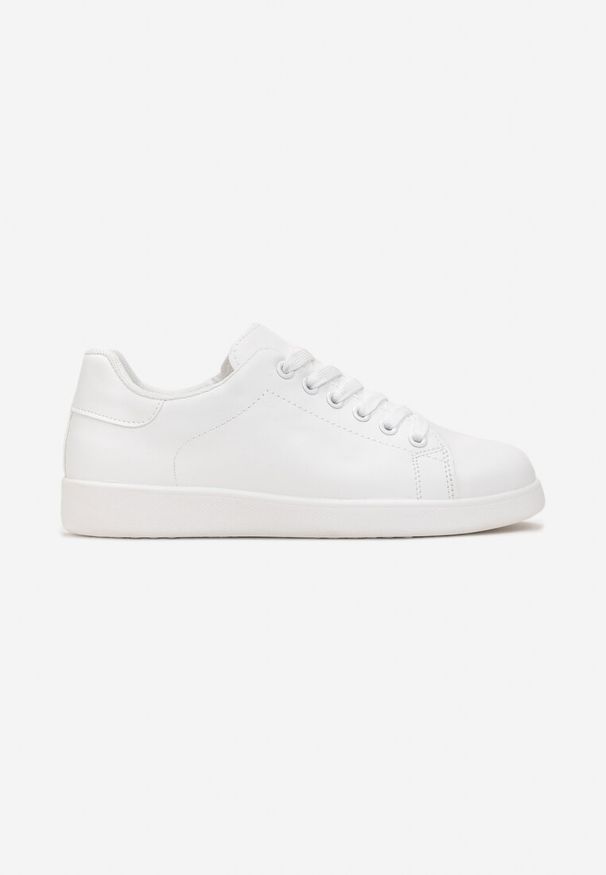Born2be - Białe Wiązane Sneakersy na Płaskiej Podeszwie z Okrągłym Noskiem Adephine. Okazja: na co dzień. Nosek buta: okrągły. Kolor: biały. Materiał: dzianina, jeans. Obcas: na płaskiej podeszwie
