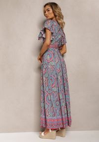 Renee - Fuksjowy Wiskozowy Komplet 2-Częściowy w Print Paisley Długa Spódnica i Kopertowy Top Aeodosia. Kolor: różowy. Materiał: wiskoza. Wzór: paisley, nadruk