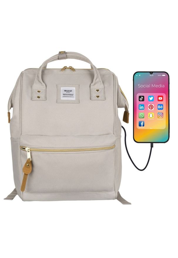 Plecak beżowy z portem USB na laptopa 13,3" - Himawari. Kolor: beżowy. Materiał: materiał. Styl: elegancki