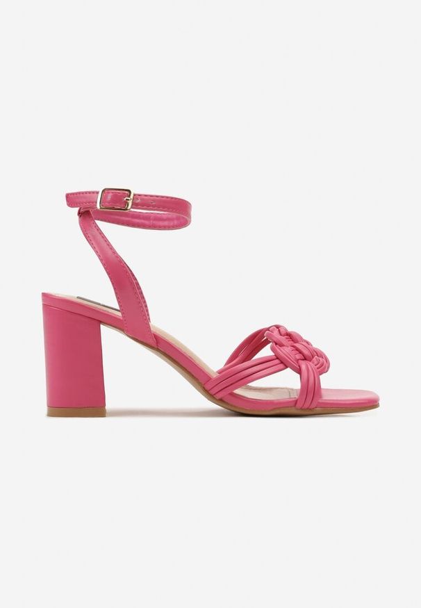 Renee - Fuksjowe Sandały z Kwadratowym Noskiem i Słupkiem z Plecioną Aplikacją Hamionra. Kolor: różowy. Wzór: aplikacja. Obcas: na słupku