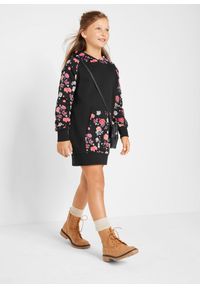 bonprix - Sukienka dresowa z czystej bawełny. Typ kołnierza: kaptur. Kolor: czarny. Materiał: bawełna, dresówka. Wzór: aplikacja, kwiaty #3