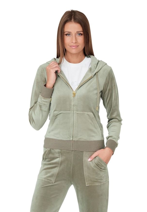 Juicy Couture - JUICY COUTURE Zielona bluza Robertson. Typ kołnierza: kaptur. Kolor: zielony. Materiał: welur