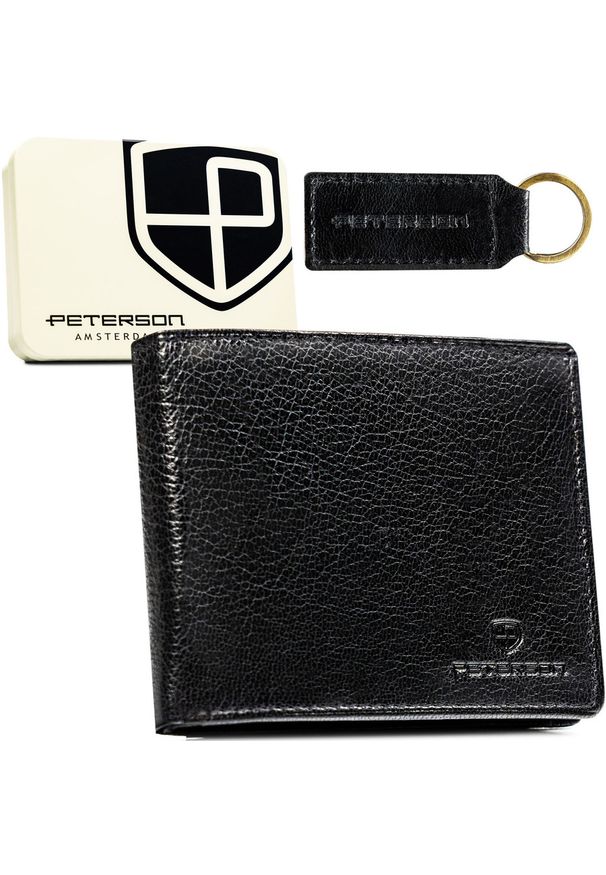 Zestaw prezentowy: czarny, skórzany portfel męski bez zapięcia i brelok - Peterson. Kolor: czarny. Materiał: skóra