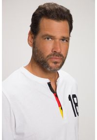 JAY-PI - Męska Koszulka henley długi rękaw piłkarski nadruk plisa guzikowa. Typ kołnierza: typu henley. Kolekcja: plus size. Kolor: biały. Materiał: materiał, bawełna. Długość rękawa: długi rękaw. Długość: długie. Wzór: nadruk. Sport: piłka nożna