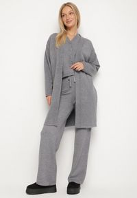 Born2be - Szary Dzianinowy Komplet z Wełną Kamizelka Długi Kardigan i Spodnie Otizela. Kolekcja: plus size. Kolor: szary. Materiał: wełna, dzianina