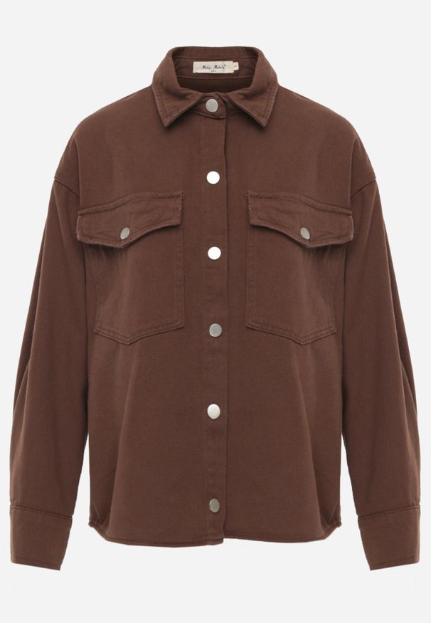 Born2be - Brązowa Bawełniana Kurtka Jeansowa o Koszulowym Kroju na Napy Yrelola. Okazja: na co dzień, do pracy. Kolor: brązowy. Materiał: jeans, bawełna. Długość: długie. Styl: casual, klasyczny