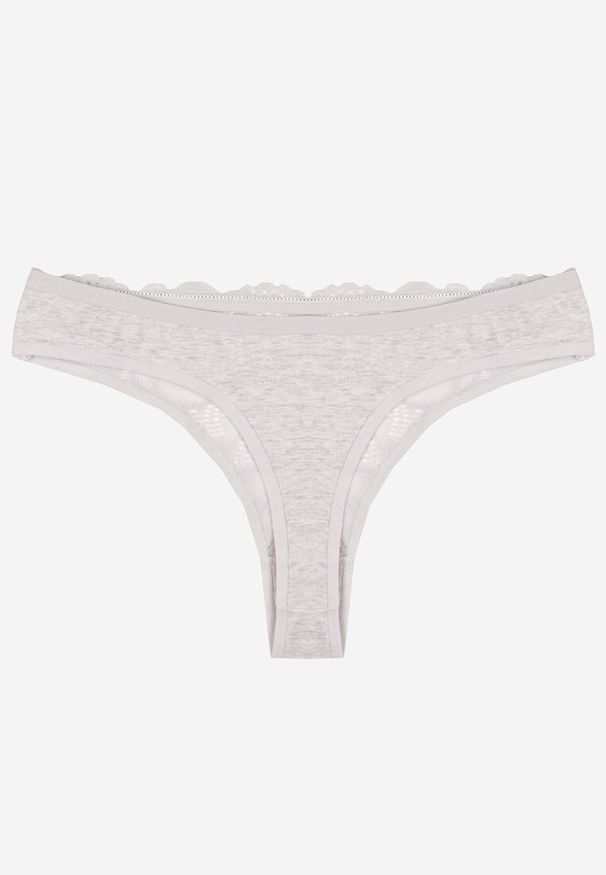 Renee - Jasnoszare Bawełniane Majtki Stringi z Koronką Ilwedana. Kolor: szary. Materiał: bawełna, koronka. Wzór: koronka