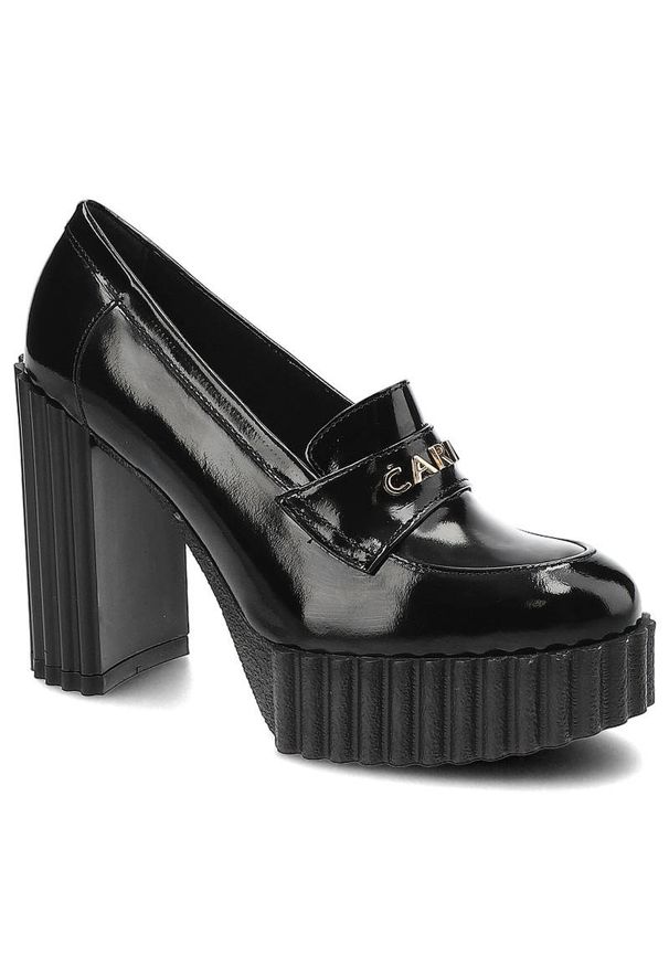 Czarne Półbuty Carinii Eleganckie Skórzane Buty Damskie. Zapięcie: bez zapięcia. Kolor: czarny. Materiał: skóra. Szerokość cholewki: normalna. Obcas: na obcasie. Styl: elegancki. Wysokość obcasa: wysoki, średni