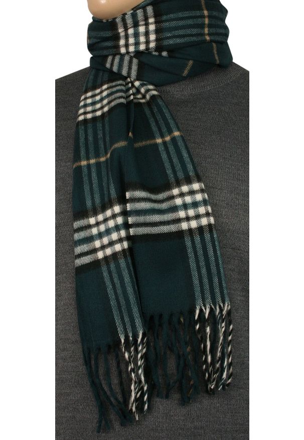 V. Fraas - Szalik Ciemny Zielony w Kratkę Burberry, z Frędzlami, Firmy V.Fraas -Cashmink- Jesienno-Zimowy. Kolor: zielony. Materiał: wełna, akryl, poliakryl, syntetyk, materiał, tkanina. Wzór: kratka. Sezon: jesień, zima